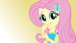 Size: 1191x670 | Tagged: safe, artist:efk-san, fluttershy, equestria girls, equestria girls series, g4, female, gradient background, playing with hair, show accurate, solo, vector