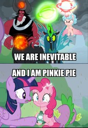 Size: 800x1162 | Tagged: safe, edit, edited screencap, screencap, cozy glow, lord tirek, pinkie pie, queen chrysalis, spike, twilight sparkle, alicorn, centaur, changeling, changeling queen, dragon, earth pony, pony, g4, the ending of the end, alicornified, and i am iron man, avengers: endgame, cozycorn, endgame, female, grogar's bell, i am inevitable, i am inevitable and i am iron man, iron man, magic, meme, race swap, text, thanos, tony stark, twilight sparkle (alicorn), ultimate chrysalis