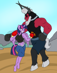 Size: 1250x1600 | Tagged: safe, artist:linedraweer, lord tirek, twilight sparkle, alicorn, anthro, unguligrade anthro, fighting is magic, g4, barefoot, beard, belly punch, boxing, boxing gloves, clothes, comic, commission, duo, facial hair, feet, female, fight, horns, male, mare, midriff, muscles, punch, size difference, spitting, sports, sports bra, twilight sparkle (alicorn), twilight vs tirek, wings