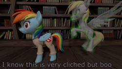 Size: 3840x2160 | Tagged: safe, artist:northern haste, derpy hooves, rainbow dash, ghost, pegasus, pony, g4, 3d, 4k, cliche, dialogue, duo, female, floating, ghostbusters, high res, mare, revamped ponies, source filmmaker, text, translucent, wings