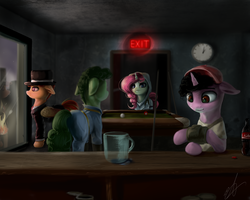 Size: 3000x2400 | Tagged: safe, artist:thatdreamerarts, oc, oc only, earth pony, pegasus, pony, unicorn, fallout equestria, clock, fallout, high res, mug, nuka cola, pipbuck, pool table