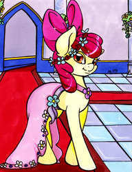 Size: 1054x1375 | Tagged: safe, artist:imaranx, artist:sh4rkn4d0, apple bloom, earth pony, pony, g4, adorabloom, clothes, cute, digital edit, draw this in your style, drawthisinyourstyle, dress, female, grand galloping gala, marker drawing, ribbon, solo, traditional art