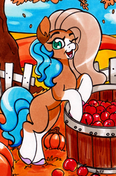 Size: 890x1337 | Tagged: safe, artist:imaranx, oc, oc only, oc:cocoa butter, earth pony, pony, apple, autumn, food, happy, marker drawing, one eye closed, outdoors, pumpkin, solo, traditional art, wink