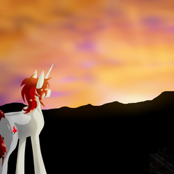 Size: 5800x5800 | Tagged: safe, artist:florarena-kitasatina/dragonborne fox, oc, oc only, oc:crimson flame, pony, unicorn, absurd resolution, cloud, scenery, shading, signature, solo, sunset, watermark