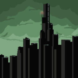 Size: 1024x1024 | Tagged: safe, artist:kolonsky, pony, fallout equestria, fallout equestria: project horizons, animated, city, cloud, cloudy, fanfic art, hoofington, lightning, ministry of awesome, pixel art, skyscraper, the core