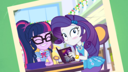 Size: 1920x1080 | Tagged: safe, edit, edited screencap, screencap, rarity, sci-twi, twilight sparkle, fanfic:the enchanted library, equestria girls, equestria girls specials, g4, my little pony equestria girls: better together, my little pony equestria girls: holidays unwrapped, blushing, book, detective rarity, geode of shielding, geode of telekinesis, implied lesbian, implied rarilight, implied shipping, magical geodes, shadow spade, smiling