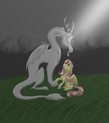 Size: 2115x2387 | Tagged: safe, artist:pinstriped-pajamas, discord, fluttershy, draconequus, pegasus, pony, g4, crepuscular rays, crying, female, floppy ears, grass, high res, looking up, male, mare, outdoors, overcast, petrification, sad, ship:discoshy, shipping, sitting, straight, teary eyes