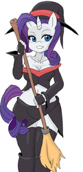 Size: 989x2038 | Tagged: safe, artist:tiroil, rarity, unicorn, anthro, g4, bare shoulders, broom, clothes, costume, female, halloween, holiday, midriff, simple background, smiling, solo, white background, witch