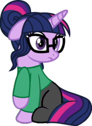 Size: 749x1024 | Tagged: safe, artist:osipush, edit, edited edit, editor:alelovescool, editor:trashmakeshappy, vector edit, sci-twi, twilight sparkle, pony, unicorn, equestria girls, g4, 1000 hours in ms paint, bad edit, clothes, clothes edit, equestria girls ponified, female, floppy ears, frown, glasses, green shirt, looking at something, mare, messy bun, pants, ponified, ponified humanized pony, raised hoof, raised leg, shirt, show accurate, simple background, sitting, solo, transparent background, unicorn sci-twi, unicorn twilight, vector