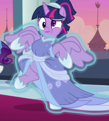 Size: 900x1000 | Tagged: safe, screencap, rarity, twilight sparkle, alicorn, pony, g4, the last problem, alternate hairstyle, clothes, coronation dress, cropped, dress, female, hoof shoes, magic, mare, puffy cheeks, raised eyebrow, solo focus, twilight sparkle (alicorn)