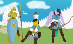 Size: 5373x3273 | Tagged: safe, artist:lumino010, oc, oc only, pegasus, anthro, anthro oc, armor, bow (weapon), pegasus oc, royal guard, shield, spear, sword, weapon, ych result