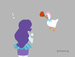 Size: 1002x760 | Tagged: safe, artist:5mmumm5, pinkie pie, rarity, bird, goose, equestria girls, g4, bow, bracelet, clothes, dress, exclamation point, flower, gray background, implied lesbian, implied raripie, implied shipping, jewelry, rose, simple background, species swap, untitled goose game