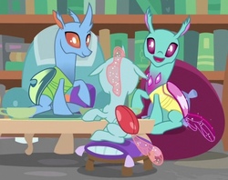 Size: 637x505 | Tagged: safe, screencap, carapace (character), ocellus, spiracle, changedling, changeling, a horse shoe-in, cropped, father and daughter, female, male, mother and daughter, sitting, smiling