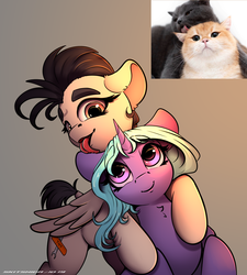 Size: 2250x2500 | Tagged: safe, artist:skitsroom, oc, oc only, oc:eleane tih, oc:mayata, cat, pegasus, pony, unicorn, behaving like a cat, caught, cute, ear licking, female, high res, looking at each other, mare, photo, ponified animal photo, simple background