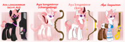 Size: 5218x1769 | Tagged: safe, artist:j053ph-d4n13l, oc, oc only, oc:aeya 2.0, oc:aeya longmirror, changedling, changeling, kirin, pony, robot, unicorn, boots, bow (weapon), changedling oc, changeling oc, clothes, corset, disguise, disguised changeling, ear piercing, earring, female, gun, jewelry, mare, musket, piercing, rifle, shirt, shoes, tally marks, weapon