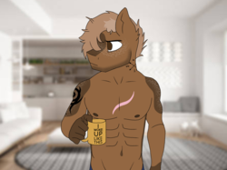 Size: 2592x1936 | Tagged: safe, artist:dasturdash, oc, oc only, oc:zachary edmonds, bat pony, anthro, bat pony oc, belly button, buff, clothes, coffee mug, compass, freckles, male, male nipples, mug, muscles, nipples, nudity, partial nudity, realistic background, scar, solo, stallion, tattoo, topless