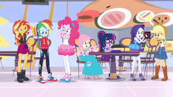 Size: 1362x768 | Tagged: safe, artist:starman1999, edit, edited screencap, screencap, applejack, fluttershy, pinkie pie, rainbow dash, rarity, sci-twi, sunset shimmer, twilight sparkle, equestria girls, g4, my little pony equestria girls: better together, book, camera, clothes, converse, humane five, humane seven, humane six, jersey, long dress, shadow spade, shoes