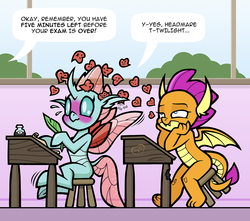 Size: 1250x1104 | Tagged: safe, artist:toonbat, ocellus, smolder, changedling, changeling, dragon, g4, blushing, changeling x dragon, commission, cute, desk, diaocelles, dragoness, duo, female, floating heart, flustered, heart, implied twilight sparkle, lesbian, offscreen character, quill, ship:smolcellus, shipping, smolderbetes, spread wings, wingboner, wings