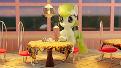 Size: 3840x2160 | Tagged: safe, artist:gabe2252, minty green, pony, unicorn, g4, 3d, blender, female, high res, mare, milkshake, restaurant