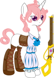 Size: 948x1367 | Tagged: safe, artist:j053ph-d4n13l, oc, oc only, oc:aeya longmirror, changeling, pony, unicorn, boots, changeling oc, clothes, corset, disguise, disguised changeling, female, gun, mare, musket, rifle, shirt, shoes, simple background, solo, tally marks, transparent background, weapon