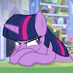 Size: 700x700 | Tagged: safe, screencap, twilight sparkle, alicorn, pony, g4, the ending of the end, annoyed, book, bookshelf, cropped, female, mare, solo, twilight sparkle (alicorn), twilight sparkle is not amused, unamused