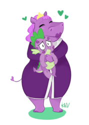 Size: 596x838 | Tagged: safe, artist:jose-ramiro, artist:khaon, queen of the hippos, spike, dragon, hippopotamus, g4, eyes closed, female, floating heart, forced shipping, heart, kiss mark, lipstick, male, shipping, simple background, smiling, transparent background