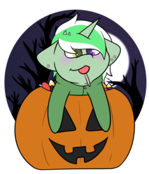 Size: 827x966 | Tagged: safe, artist:melonzy, oc, oc only, oc:jester pi, pony, unicorn, candy, chibi, food, halloween, holiday, lollipop, night, pumpkin, pumpkin bucket, simple background, small, smiling, solo, transparent background, tree