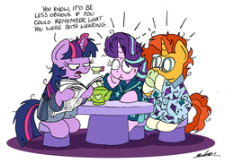 Size: 2380x1732 | Tagged: safe, artist:bobthedalek, starlight glimmer, sunburst, twilight sparkle, pony, unicorn, g4, bathrobe, bed mane, clothes, clothes swap, cup, female, implied sex, male, morning ponies, newspaper, pajamas, robe, ship:starburst, shipping, straight, sudden realization, teacup, teapot, twilight sparkle is not amused, unamused