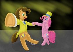 Size: 1024x725 | Tagged: safe, artist:kaderpow, cheese sandwich, pinkie pie, pony, g4, bipedal, dancing, duo, female, hat, male, ship:cheesepie, shipping, straight