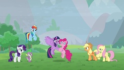 Size: 1920x1080 | Tagged: safe, screencap, applejack, fluttershy, pinkie pie, rainbow dash, rarity, spike, twilight sparkle, alicorn, dragon, pony, g4, the ending of the end, mane seven, mane six, swirly eyes, twilight sparkle (alicorn), winged spike, wings