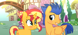 Size: 1024x457 | Tagged: safe, artist:missxxfofa123, artist:vector-brony, artist:werewolfverse, flash sentry, sunset shimmer, pegasus, pony, unicorn, g4, alternate hairstyle, blushing, female, male, mare, ship:flashimmer, shipping, stallion, straight