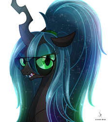 Size: 3000x3374 | Tagged: safe, artist:zidanemina, queen chrysalis, changeling, changeling queen, g4, alternate hairstyle, bust, changelings in the comments, digital art, dork, dorkalis, ethereal mane, female, glassalys, glasses, green eyes, high res, nerd, open mouth, ponytail, simple background, solo, starry mane, white background