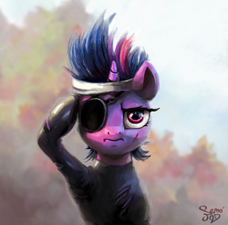 Size: 1500x1477 | Tagged: safe, artist:nemo2d, twilight sparkle, pony, unicorn, g4, alternate hairstyle, big boss, catsuit, clothes, eyepatch, female, future twilight, headband, mare, press f to pay respects, salute, solo, torn clothes, unicorn twilight