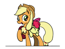 Size: 800x600 | Tagged: safe, artist:flutterluv, apple bloom, applejack, earth pony, pony, g4, adorabloom, apple, apple bloom riding applejack, bow, cowboy hat, cute, eyes closed, female, filly, food, hair bow, hat, jackabetes, looking at you, mare, ponies riding ponies, riding, saddle bag, simple background, transparent background
