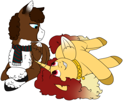 Size: 964x794 | Tagged: safe, artist:69beas, oc, oc only, oc:jessie feuer, oc:luke pineswood, alicorn, pegasus, pony, clothes, coat markings, collar, colored hooves, digital art, duo, female, fluffy, folded wings, hoof fluff, looking at each other, lying down, male, mare, pinto, scarf, simple background, stallion, transparent background, wings