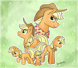 Size: 1366x1200 | Tagged: safe, artist:ruushiicz, applejack, earth pony, pony, g4, age progression, applejack day, clothes, cowboy hat, ear fluff, female, filly, foal, green background, green eyes, hat, jackletree, looking at you, mare, multeity, scarf, simple background, solo