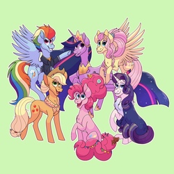 Size: 1980x1980 | Tagged: safe, artist:riocin765, applejack, fluttershy, pinkie pie, rainbow dash, rarity, twilight sparkle, alicorn, earth pony, pegasus, pony, unicorn, g4, the last problem, applejack's hat, candy, chest fluff, clothes, concave belly, cowboy hat, crown, cutie mark, female, food, hat, hoof shoes, jacket, jewelry, looking at you, mane six, mare, neckerchief, older, older applejack, older fluttershy, older pinkie pie, older rainbow dash, older rarity, older twilight, older twilight sparkle (alicorn), open mouth, peytral, princess twilight 2.0, raised hoof, regalia, robe, sitting, smiling, spread wings, teddy bear, twilight sparkle (alicorn), wings