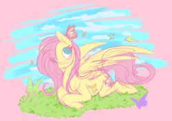 Size: 1136x804 | Tagged: safe, artist:sakuraglimertamura, fluttershy, butterfly, pegasus, pony, g4, cute, female, looking at something, looking up, mare, outdoors, partial background, prone, shyabetes, sky, solo, spread wings, three quarter view, wings