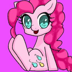 Size: 768x768 | Tagged: safe, artist:wanyan0712, pinkie pie, earth pony, pony, g4, cute, diapinkes, female, mare, open mouth, pink background, simple background, sitting, solo