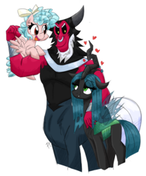 Size: 1200x1440 | Tagged: safe, artist:flutterthrash, cozy glow, lord tirek, queen chrysalis, centaur, changeling, changeling queen, pegasus, pony, g4, a better ending for chrysalis, a better ending for cozy, a better ending for tirek, bow, bracer, commission, cozybetes, cute, cutealis, daddy tirek, eye clipping through hair, eye contact, family, female, filly, foal, hair bow, heart, heartwarming, looking at each other, male, mare, mommy chrissy, nose piercing, nose ring, open mouth, piercing, septum piercing, ship:chrysirek, shipping, signature, simple background, smiling, straight, sweet dreams fuel, tail bow, tirebetes, white background