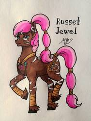 Size: 774x1032 | Tagged: safe, artist:mesuyoru, oc, oc only, oc:russet jewel, earth pony, pony, blue eyes, body markings, brown coat, coat markings, crystal, ear markings, facial markings, female, gem, looking at you, mane wrap, mare, pink mane, ponytail, serious, serious face, simple background, solo, star (coat marking), stripes, tail, tail wrap, traditional art, unshorn fetlocks, whisker markings, white markings