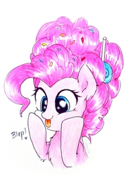 Size: 2274x3126 | Tagged: safe, artist:liaaqila, pinkie pie, earth pony, pony, g4, the last problem, :p, candy, chest fluff, confetti, cute, diapinkes, ear fluff, female, food, high res, liaaqila is trying to murder us, lollipop, mare, older, older pinkie pie, simple background, smiling, solo, tongue out, traditional art, white background