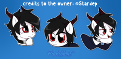 Size: 1006x495 | Tagged: safe, oc, oc only, pony, commission, cute, expressions, horns, male, redeyes, solo, sticker