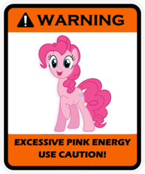 Size: 900x1078 | Tagged: safe, pinkie pie, earth pony, pony, g4, cute, diapinkes, female, mare, open mouth, raised hoof, simple background, smiling, solo, text, too much pink energy is dangerous, warning, white background