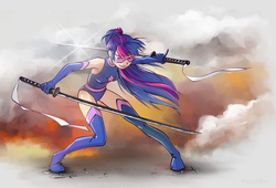 Size: 1588x1080 | Tagged: safe, artist:vyazinrei, twilight sparkle, human, g4, boots, clothes, evening gloves, female, fire, gloves, humanized, katana, latex, latex boots, latex gloves, leotard, long gloves, magic gaia, psylocke, request, safety goggles, shoes, smoke, solo, superhero, sword, thigh boots, weapon
