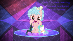 Size: 3840x2160 | Tagged: safe, artist:earlpeterg, artist:filiecs, artist:laszlvfx, artist:lunarahartistry, edit, cozy glow, princess celestia, queen chrysalis, alicorn, changeling, pegasus, pony, g4, belly, bow, chibi, cozy glow is best facemaker, cozybetes, cute, doll, female, foal, hair bow, happy, high res, mare, playing, pure concentrated unfiltered evil of the utmost potency, pure unfiltered evil, toy, wallpaper, wallpaper edit
