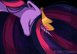 Size: 4093x2894 | Tagged: safe, artist:forythien, twilight sparkle, alicorn, pony, g4, the last problem, binary pen, crown, end of ponies, ethereal mane, eyes closed, female, high res, jewelry, mare, older, older twilight, older twilight sparkle (alicorn), princess twilight 2.0, regalia, signature, solo, starry mane, twilight sparkle (alicorn)
