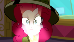 Size: 1920x1080 | Tagged: safe, screencap, pinkie pie, equestria girls, g4, my little pony equestria girls: summertime shorts, the canterlot movie club, cinema, close-up, female, hat, light, looking at you, making faces with a flashlight, pith helmet, solo