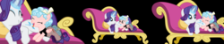 Size: 8000x1603 | Tagged: safe, artist:shelikof launch, cozy glow, rarity, sweetie belle, pegasus, pony, unicorn, g4, clothes, couch, cozypred, dress, fainting couch, fanfic, fanfic art, female, fetish, filly, filly pred, magic, mare, micro, show accurate, siblings, simple background, sisters, spoon, swallowing, sweetieprey, telekinesis, tiny, tiny ponies, vector, vore