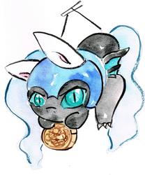 Size: 1600x1927 | Tagged: safe, artist:mashiromiku, nightmare moon, pony, g4, bunny ears, chibi, commission, cute, female, food, mooncake, ornament, solo, traditional art, watercolor painting